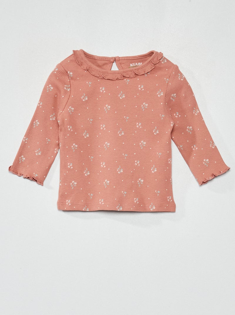 T-shirt em malha nervurada com folhos ROSA - Kiabi