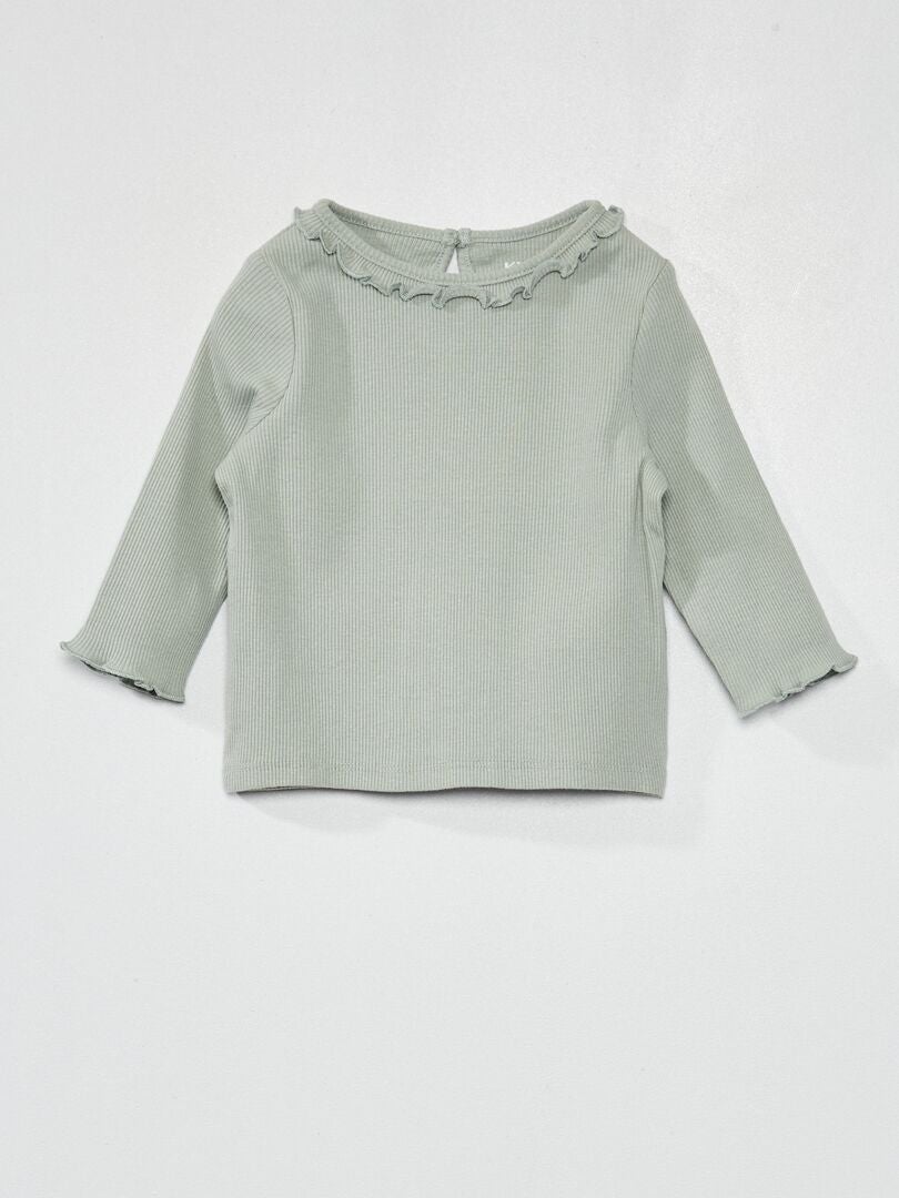T-shirt em malha nervurada com folhos VERDE - Kiabi