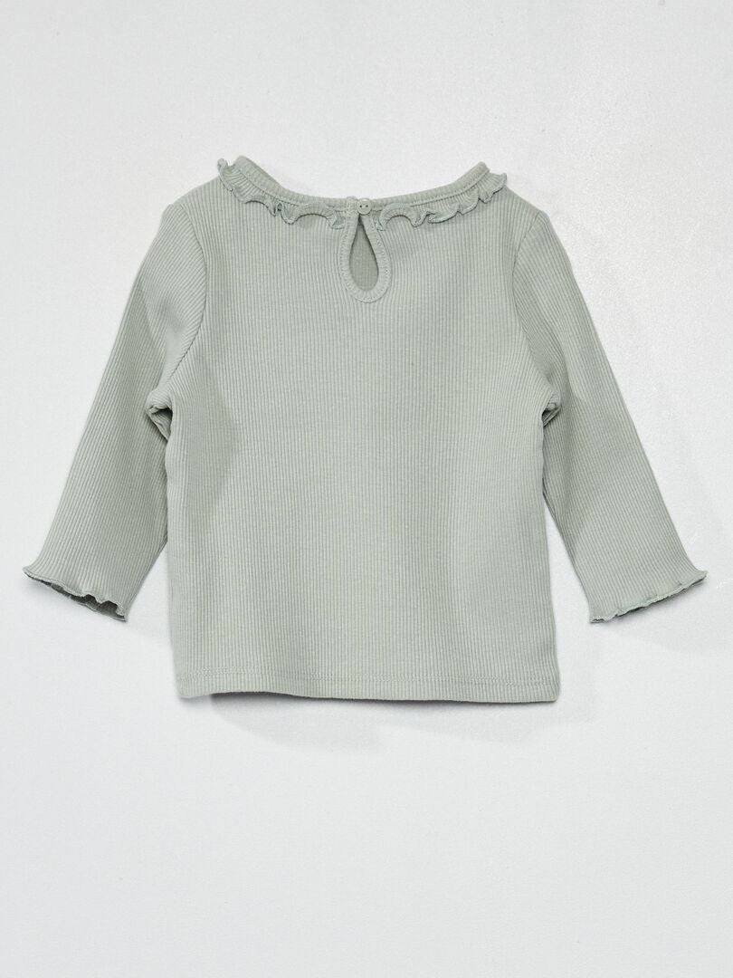 T-shirt em malha nervurada com folhos VERDE - Kiabi