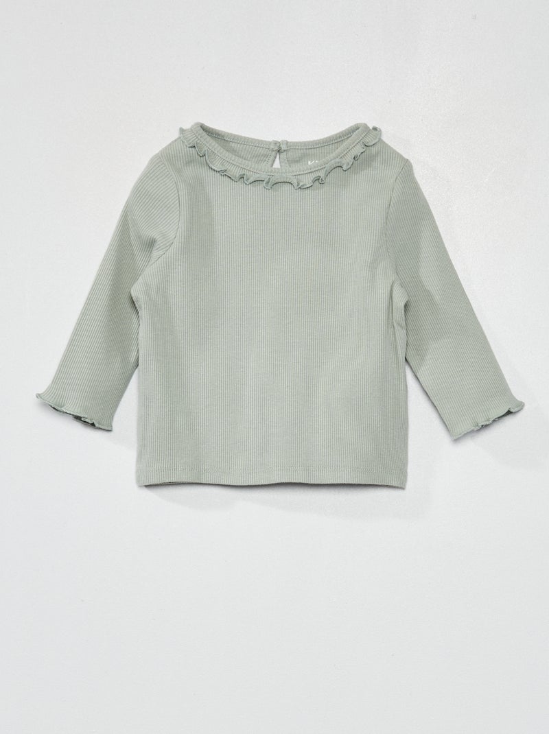 T-shirt em malha nervurada com folhos VERDE - Kiabi