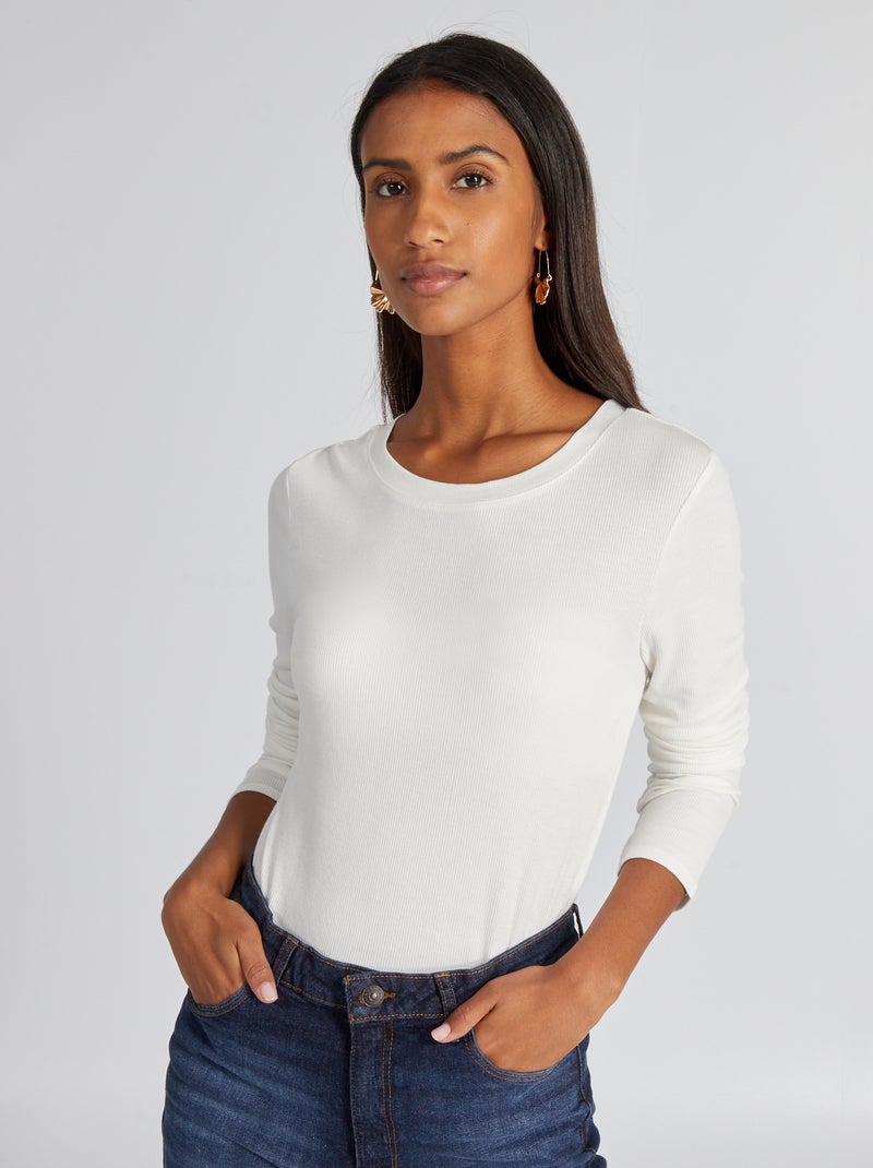 T-shirt em malha nervurada elástica Branco - Kiabi