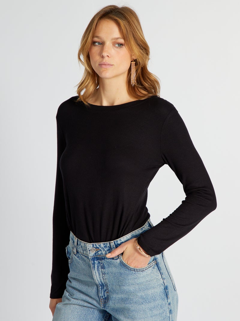 T-shirt em malha nervurada elástica Preto - Kiabi