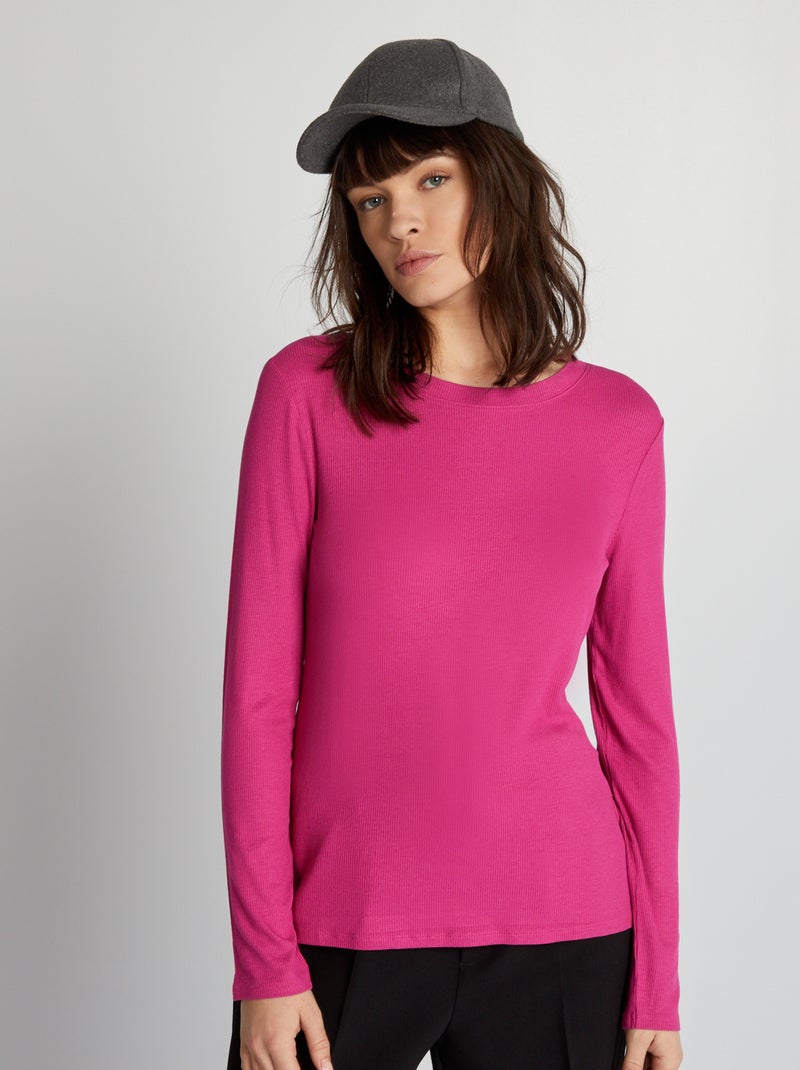 T-shirt em malha nervurada elástica Rosa Escuro - Kiabi