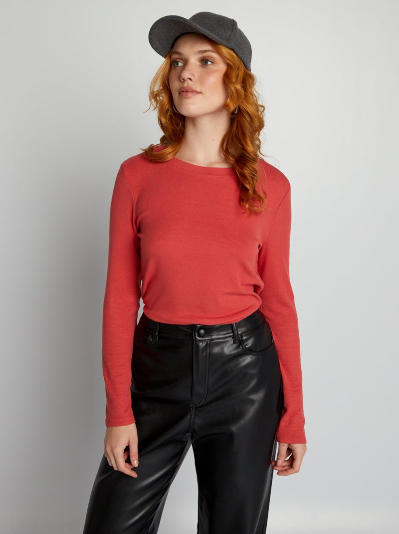 T-shirt em malha nervurada elástica VERMELHO - Kiabi