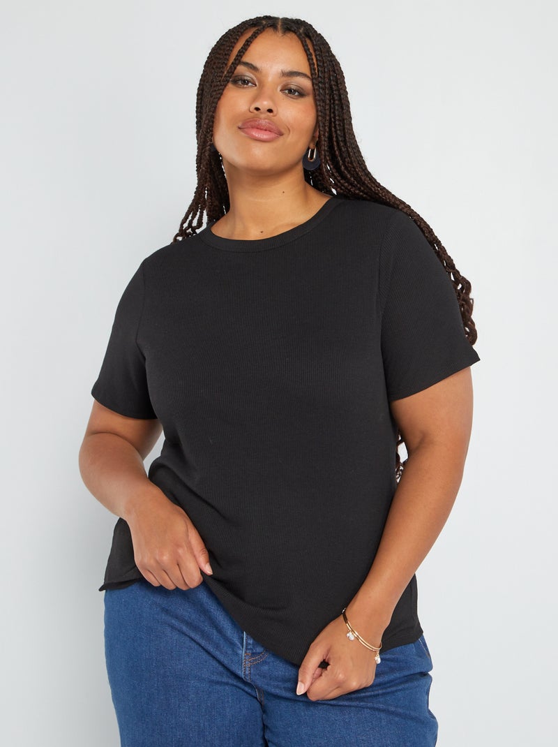 T-shirt em malha nervurada Preto - Kiabi