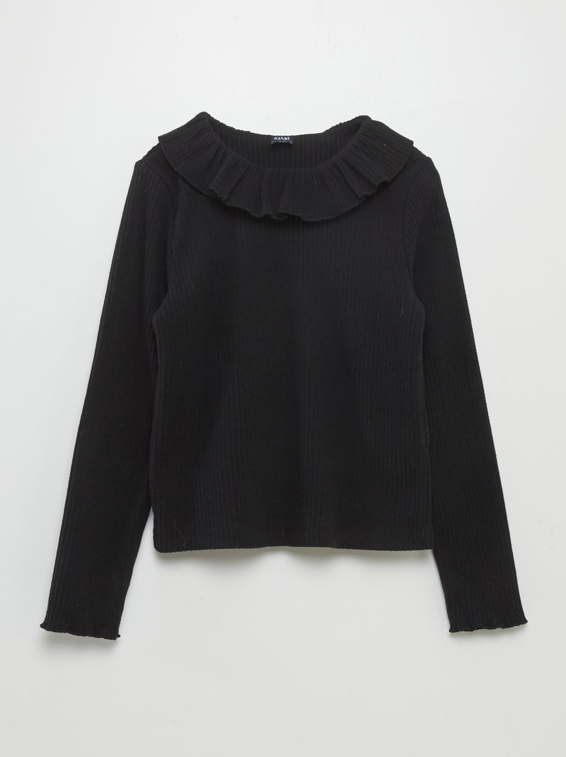T-shirt em malha nervurada Preto - Kiabi