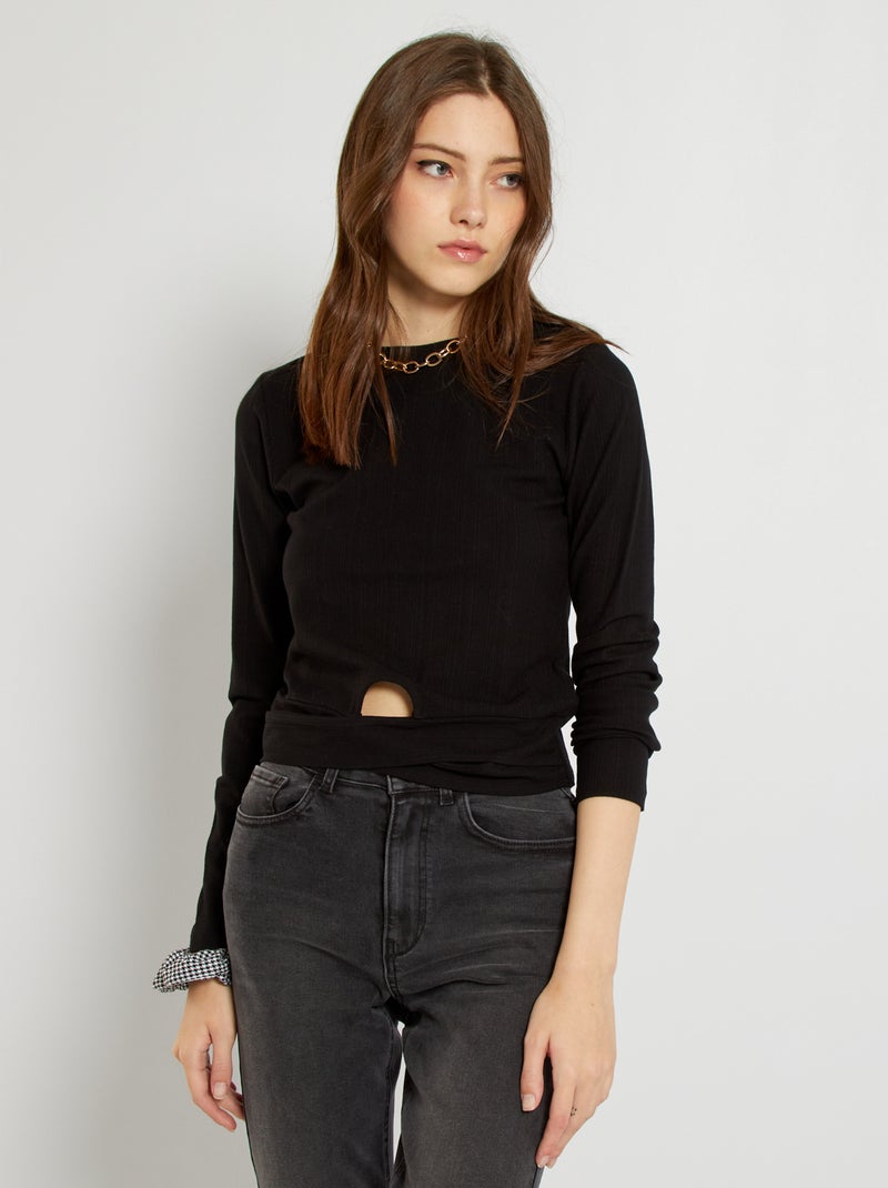 T-shirt em malha nervurada Preto - Kiabi