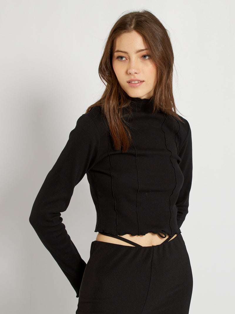 T-shirt em malha nervurada Preto - Kiabi