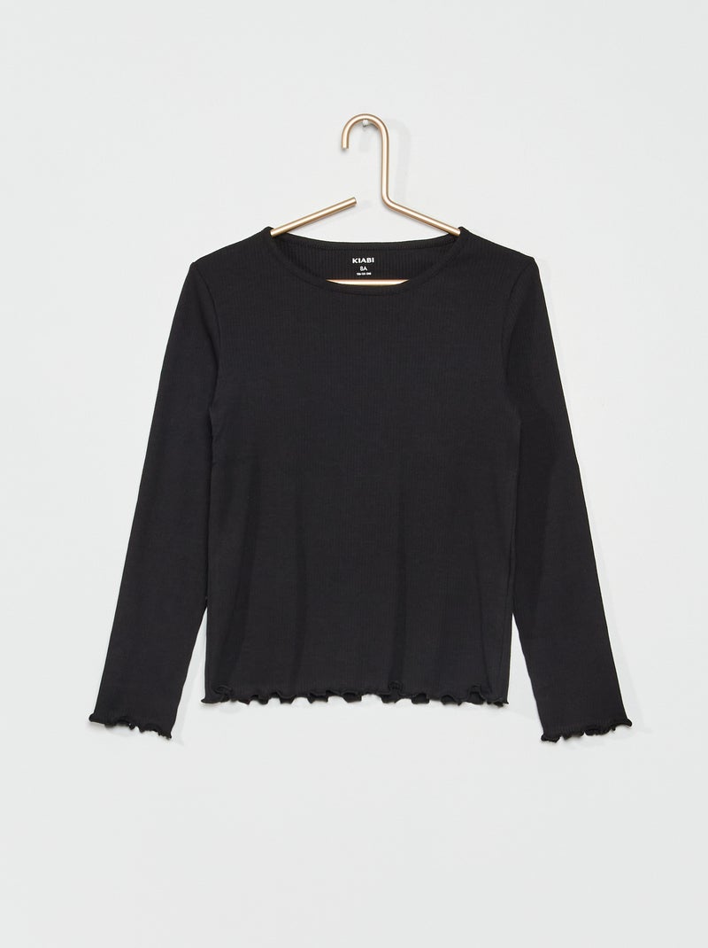 T-shirt em malha nervurada Preto - Kiabi