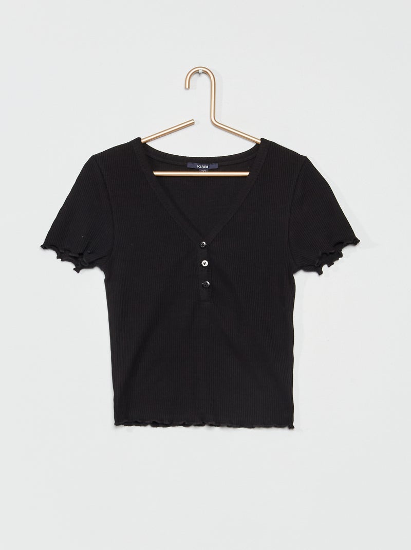 T-shirt em malha nervurada Preto - Kiabi