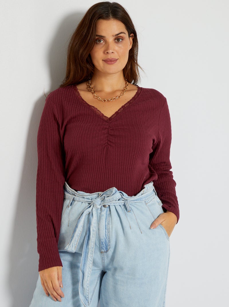 T-shirt em malha nervurada Vermelho - Kiabi
