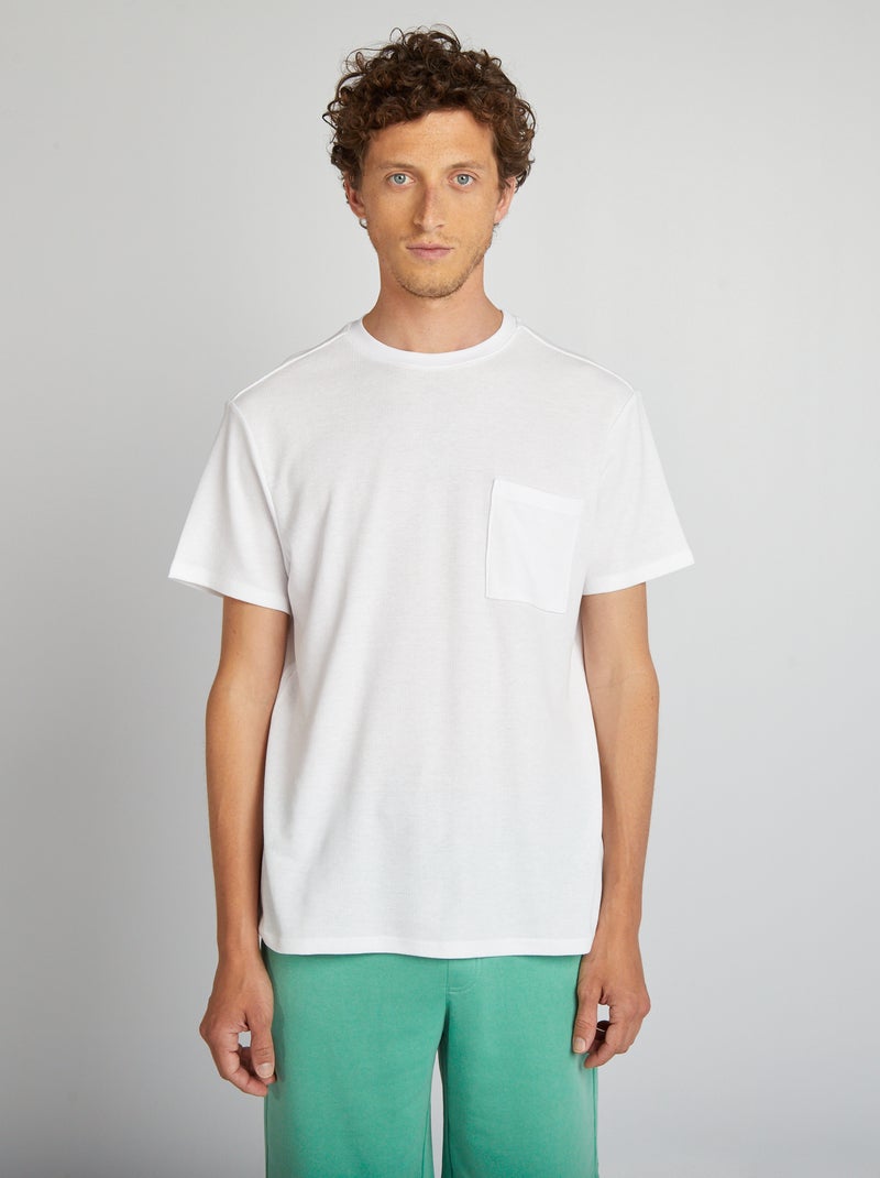 T-shirt em malha ninho de abelha lisa com bolso Branco - Kiabi