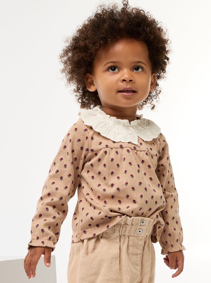 T-shirt em malha piqué com gola bordada Bege - Kiabi