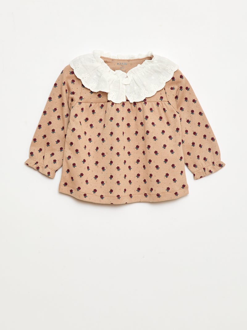 T-shirt em malha piqué com gola bordada Bege - Kiabi