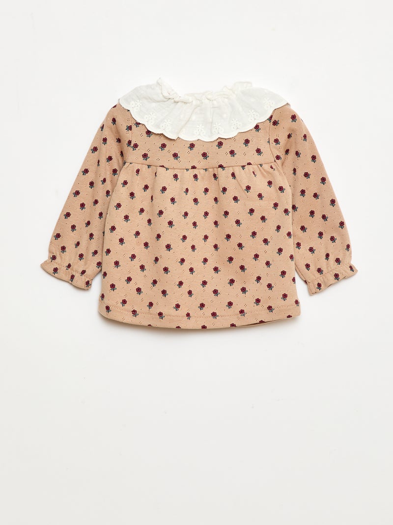 T-shirt em malha piqué com gola bordada Bege - Kiabi