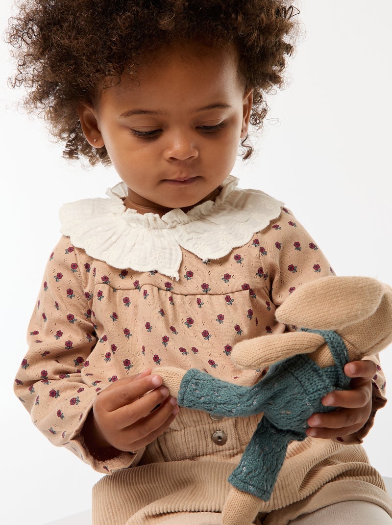 T-shirt em malha piqué com gola bordada Bege - Kiabi