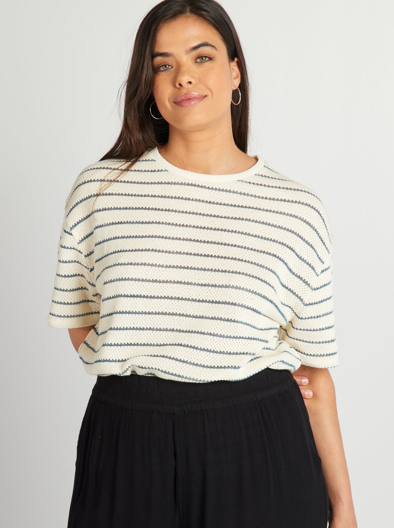 T-shirt em malha pointelle às riscas BEGE - Kiabi
