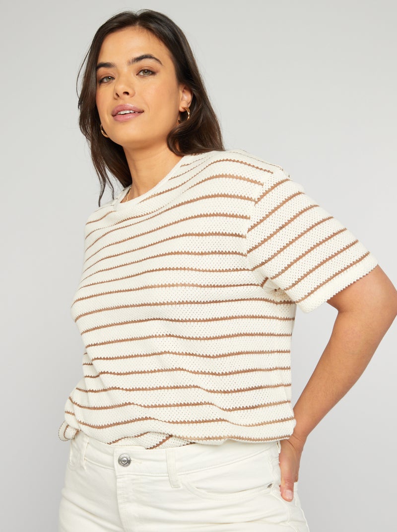 T-shirt em malha pointelle às riscas BEGE - Kiabi