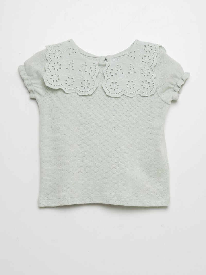 T-shirt em malha pointelle com gola claudine AZUL - Kiabi