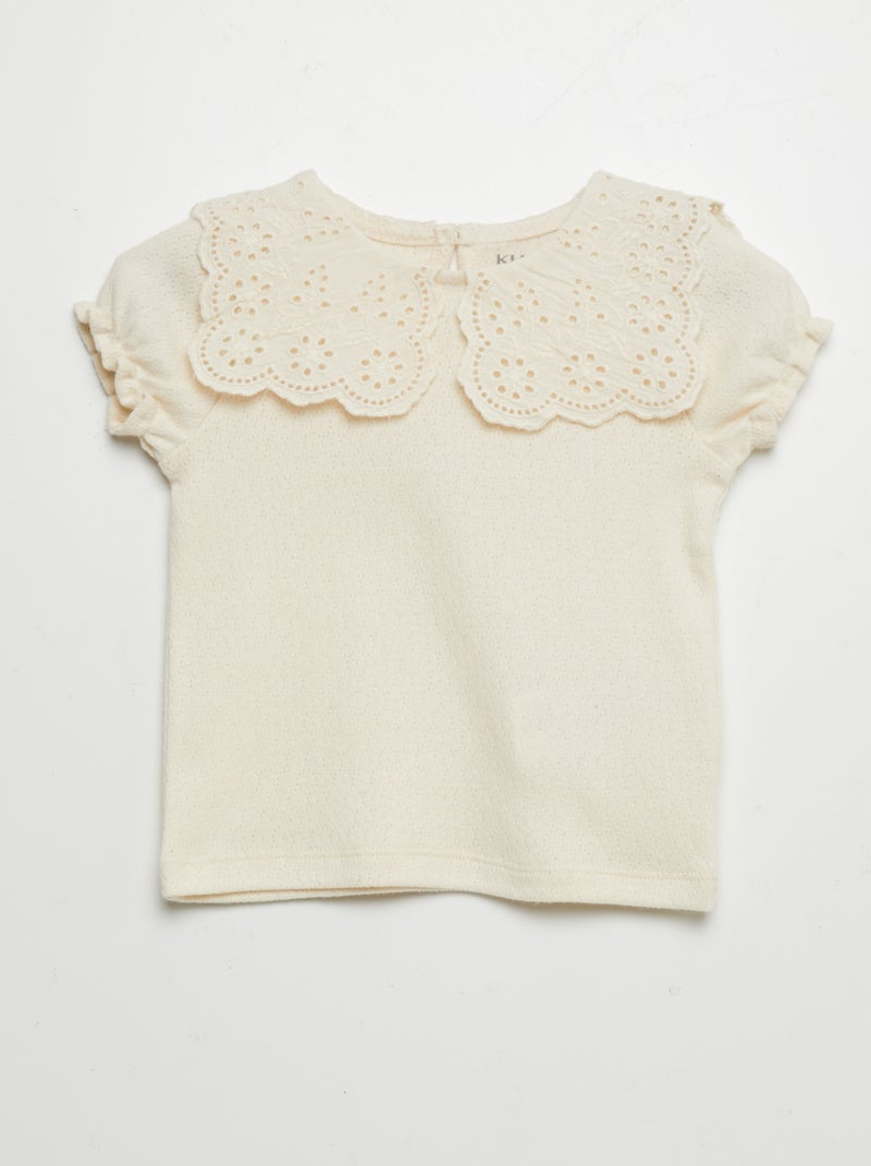 T-shirt em malha pointelle com gola claudine BRANCO - Kiabi