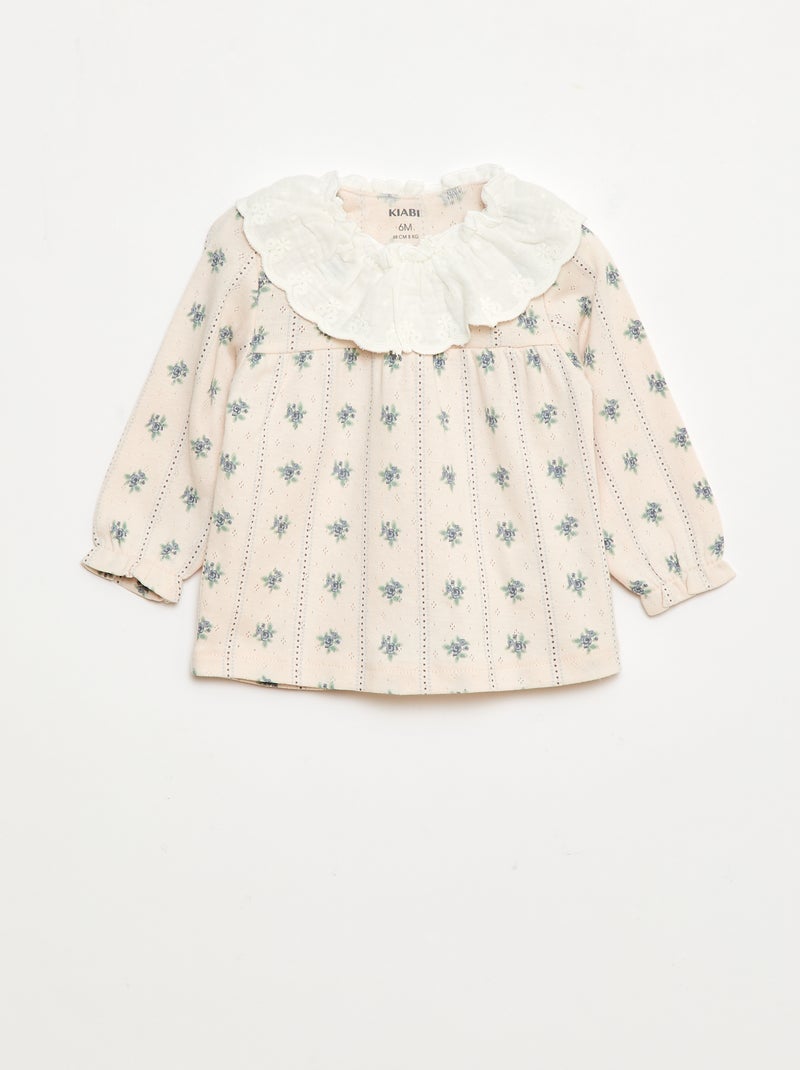 T-shirt em malha rendada com gola bordada Rosa - Kiabi