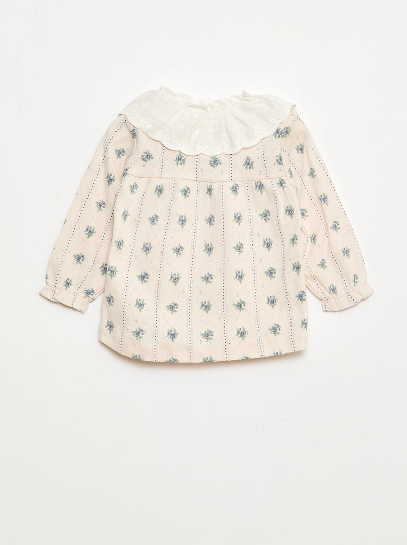 T-shirt em malha rendada com gola bordada Rosa - Kiabi