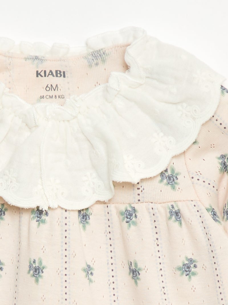 T-shirt em malha rendada com gola bordada Rosa - Kiabi