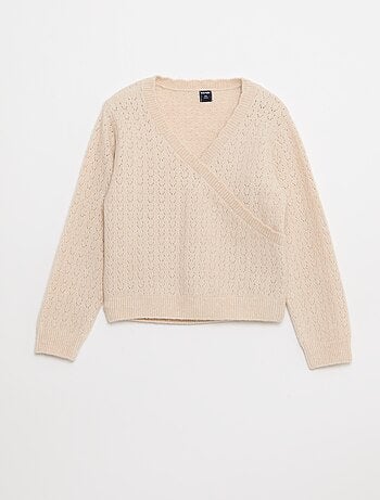 T-shirt em malha rendada com gola cache-cœur