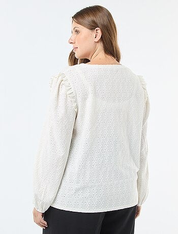 T-shirt em malha rendada com ombros com folhos