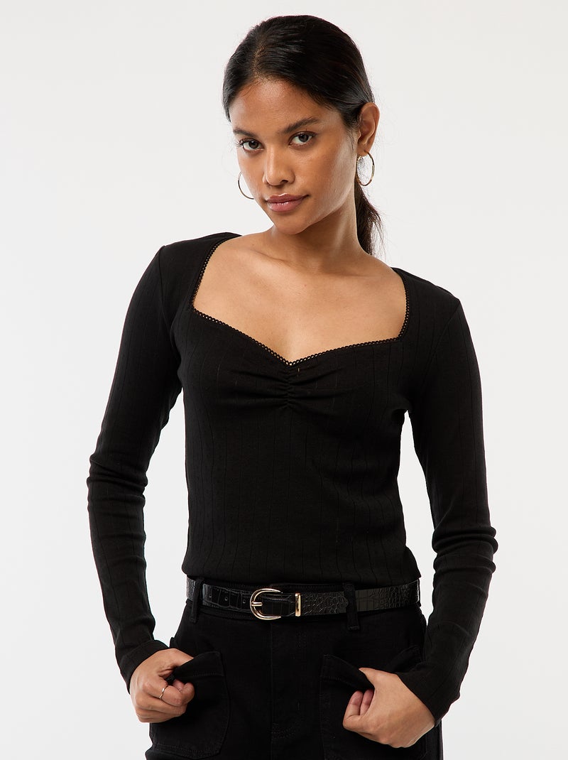 T-shirt em ponto de agulha com mangas compridas Preto - Kiabi