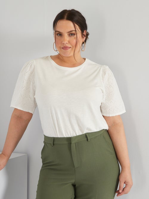 T-shirt em puro algodão com mangas bordadas  - - Kiabi
