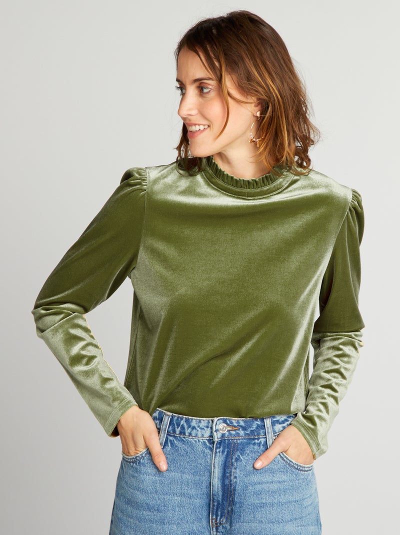 T-shirt em veludo com gola com folhos VERDE - Kiabi
