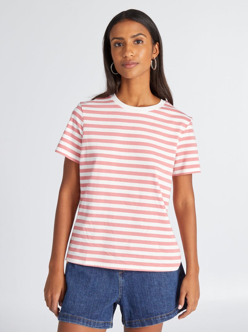 T-shirt estampada às riscas ROSA - Kiabi