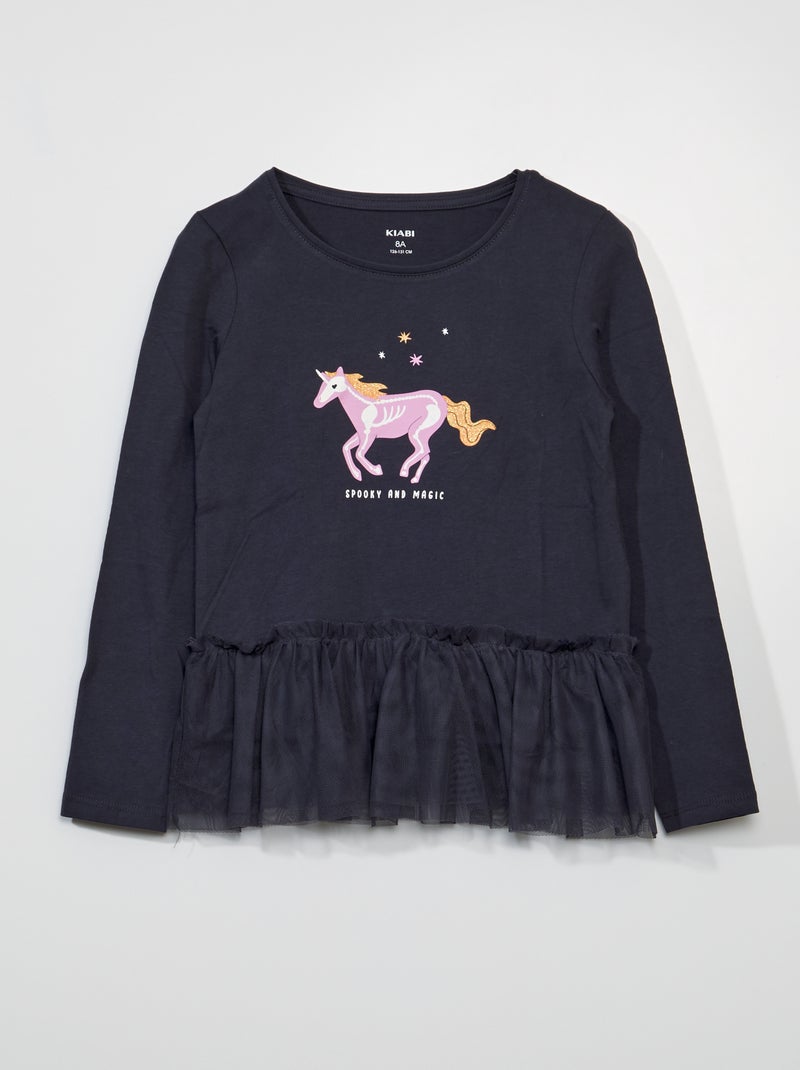 T-shirt estampada com aplicação em tule - Halloween CINZA - Kiabi