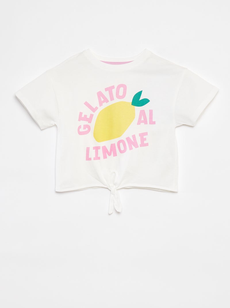 T-shirt estampada com atilho para atar na base BRANCO - Kiabi