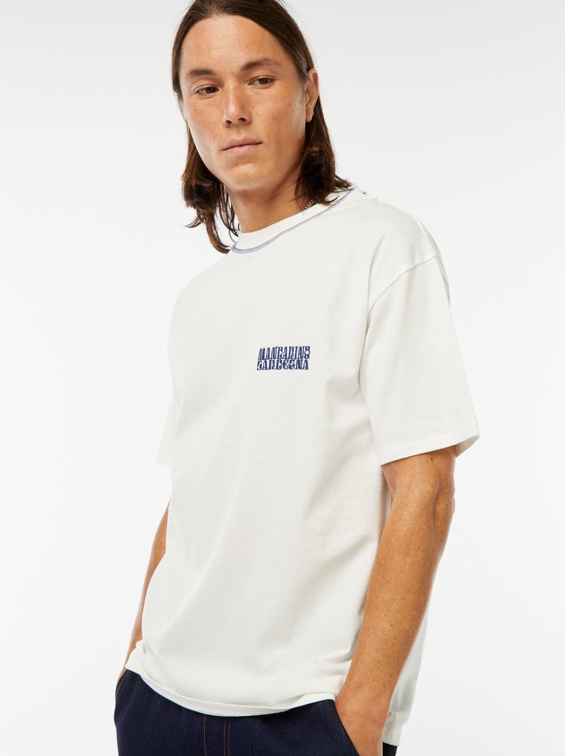 T-shirt estampada com bordado frontal e estampado atrás Branco - Kiabi