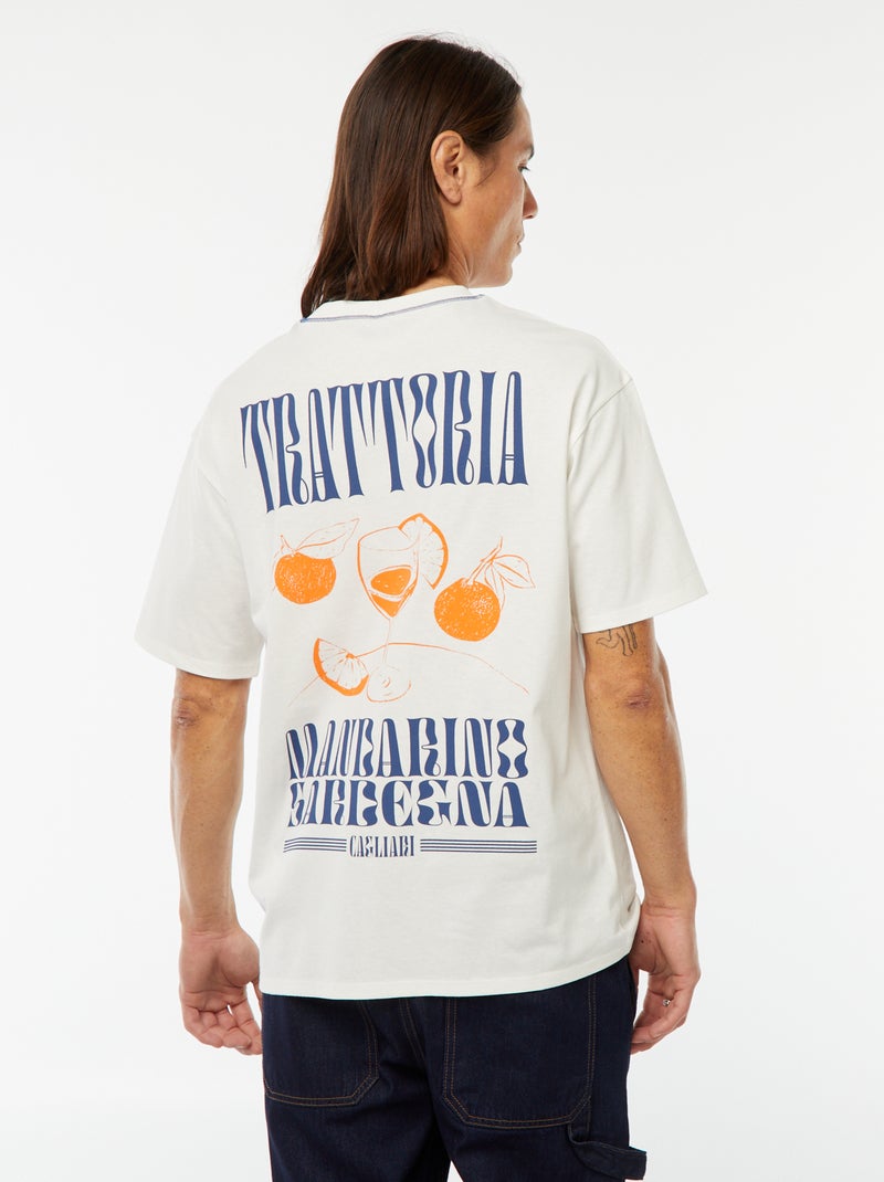 T-shirt estampada com bordado frontal e estampado atrás Branco - Kiabi