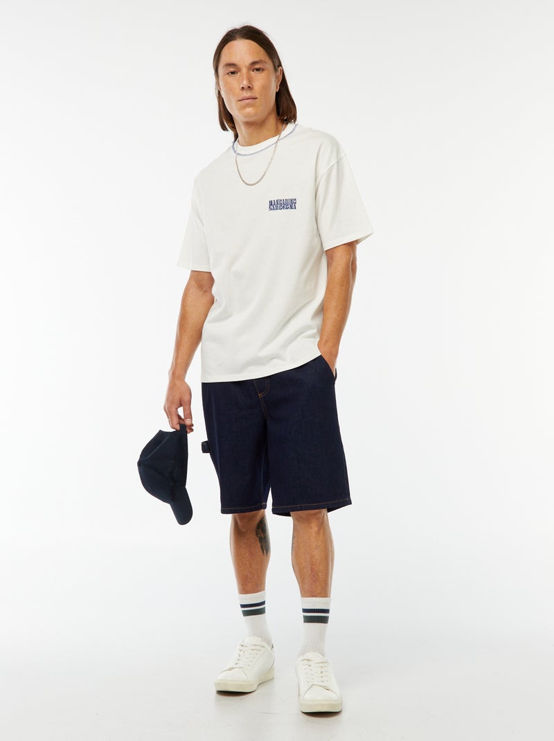 T-shirt estampada com bordado frontal e estampado atrás Branco - Kiabi