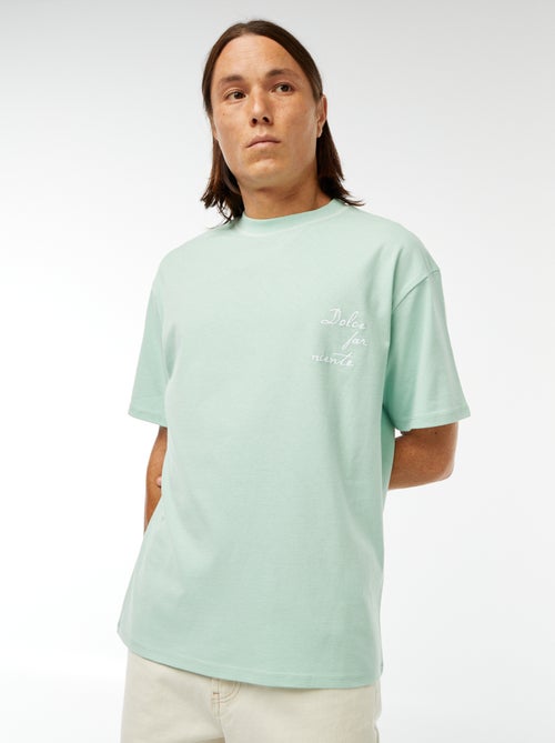 T-shirt estampada com bordado frontal e estampado atrás - Kiabi