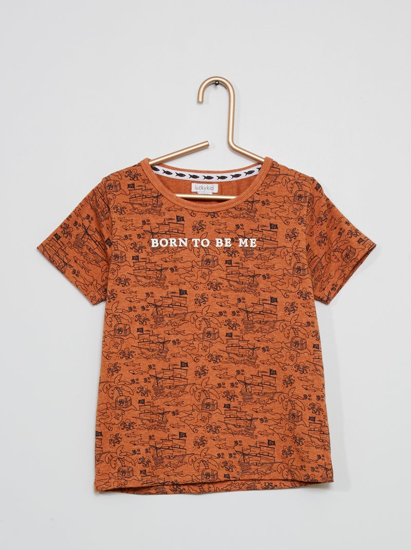 T-shirt estampada com gola redonda Castanho - Kiabi