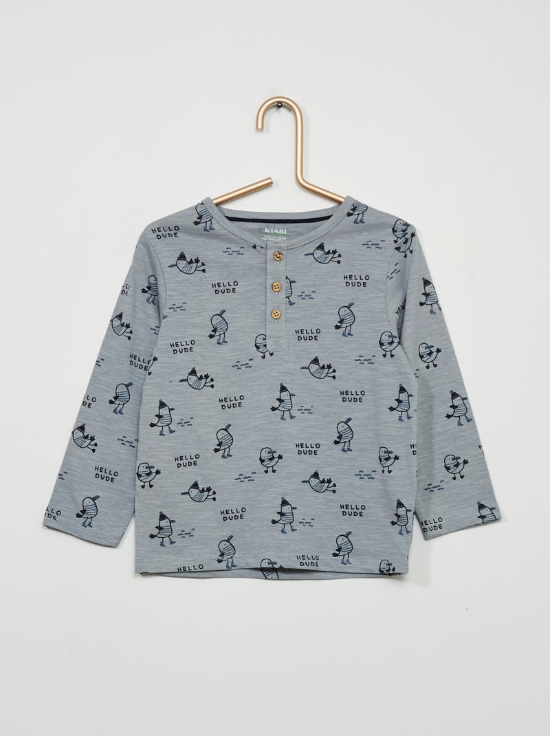 T-shirt estampada com gola tunisina AZUL - Kiabi
