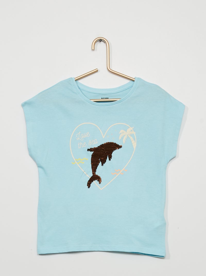 T-shirt estampada com lantejoulas reversíveis AZUL - Kiabi