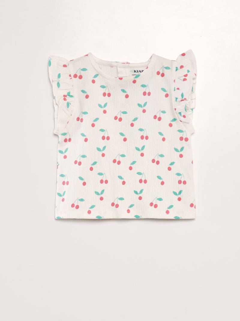 T-shirt estampada com mangas com folhos BRANCO - Kiabi