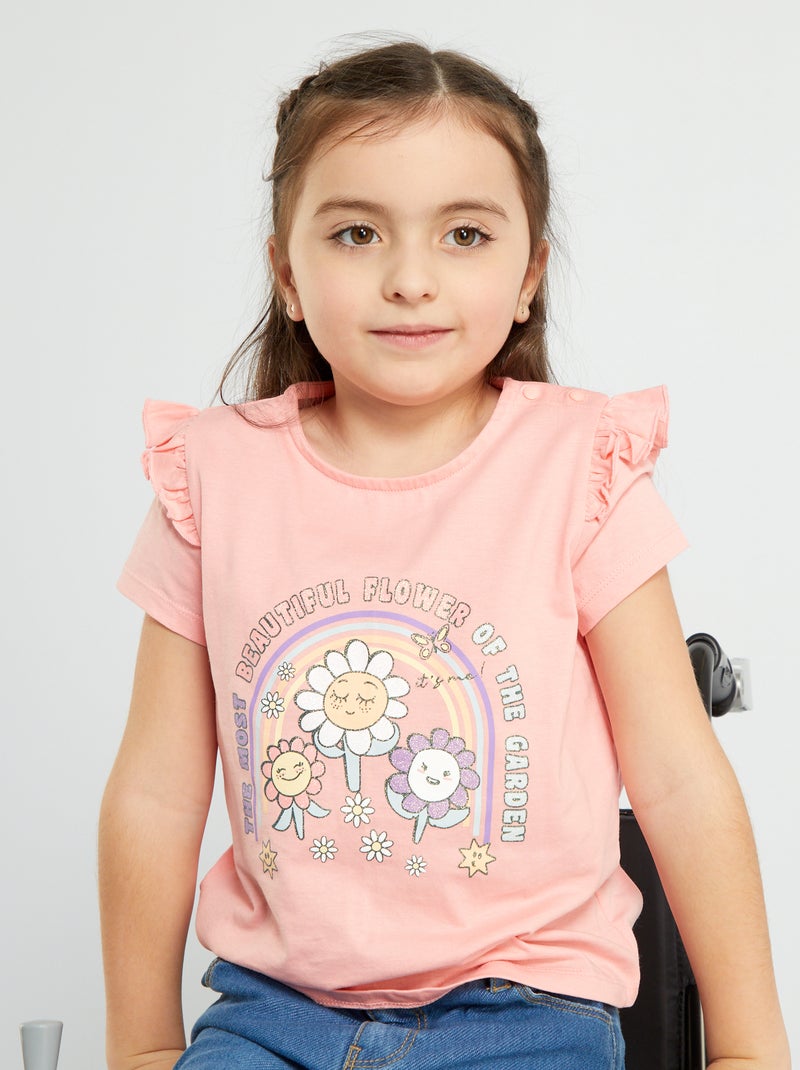 T-shirt estampada com molas de pressão nos ombros ROSA - Kiabi