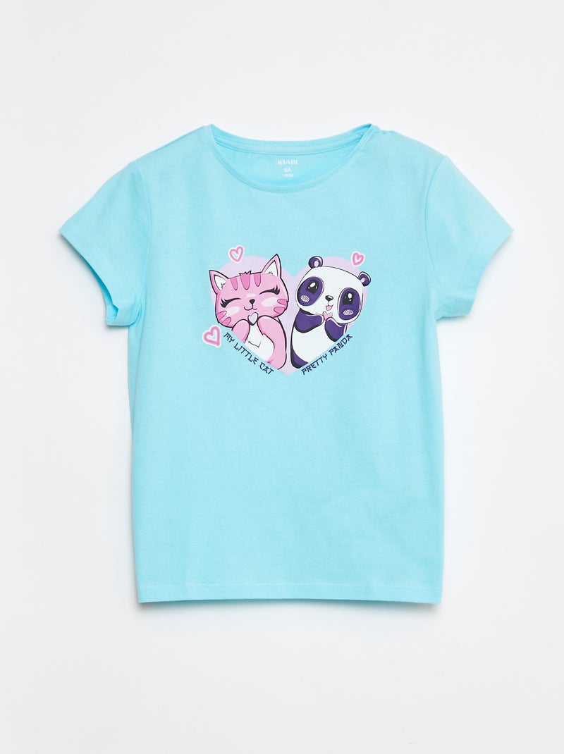 T-shirt estampada de manga curta com gola redonda Azul - Kiabi