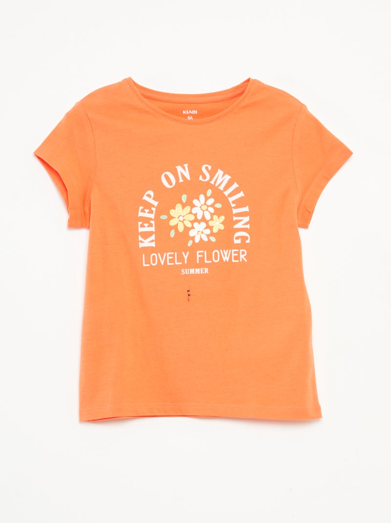 T-shirt estampada de manga curta com gola redonda Laranja - Kiabi