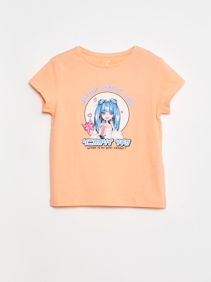 T-shirt estampada de manga curta com gola redonda Laranja - Kiabi