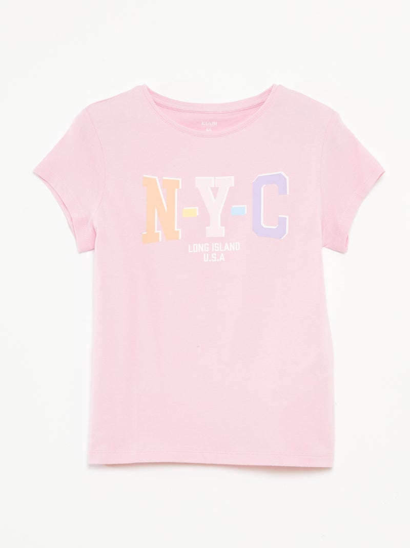 T-shirt estampada de manga curta com gola redonda Rosa - Kiabi