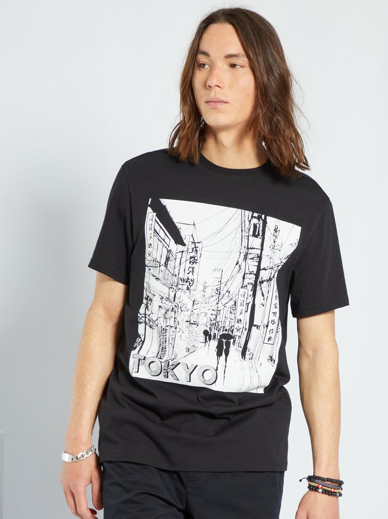 T-shirt estampada em jersey 'Tokyo' Preto - Kiabi