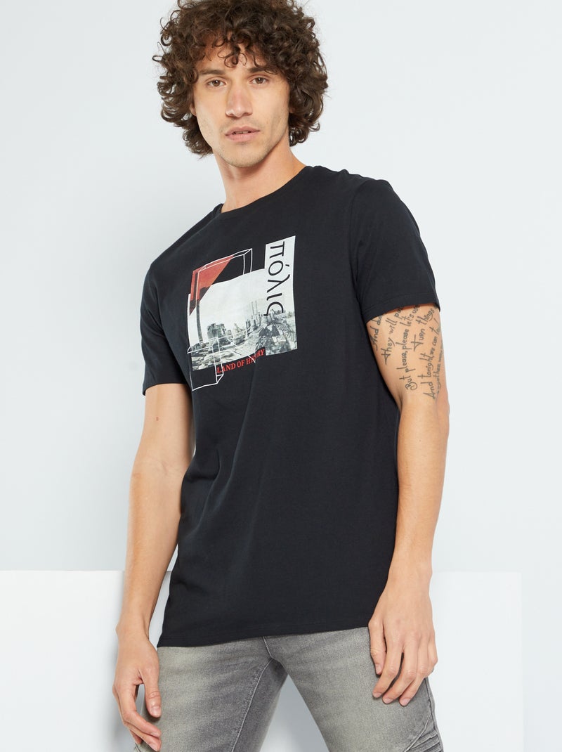 T-shirt estampada em puro algodão PRETO - Kiabi
